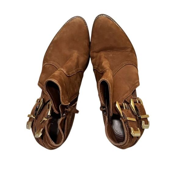 Gianni Bini Tan Suede Ankle Boots Women’s 8M Gold Buckle Block Heel Booties - Picture 3 of 8